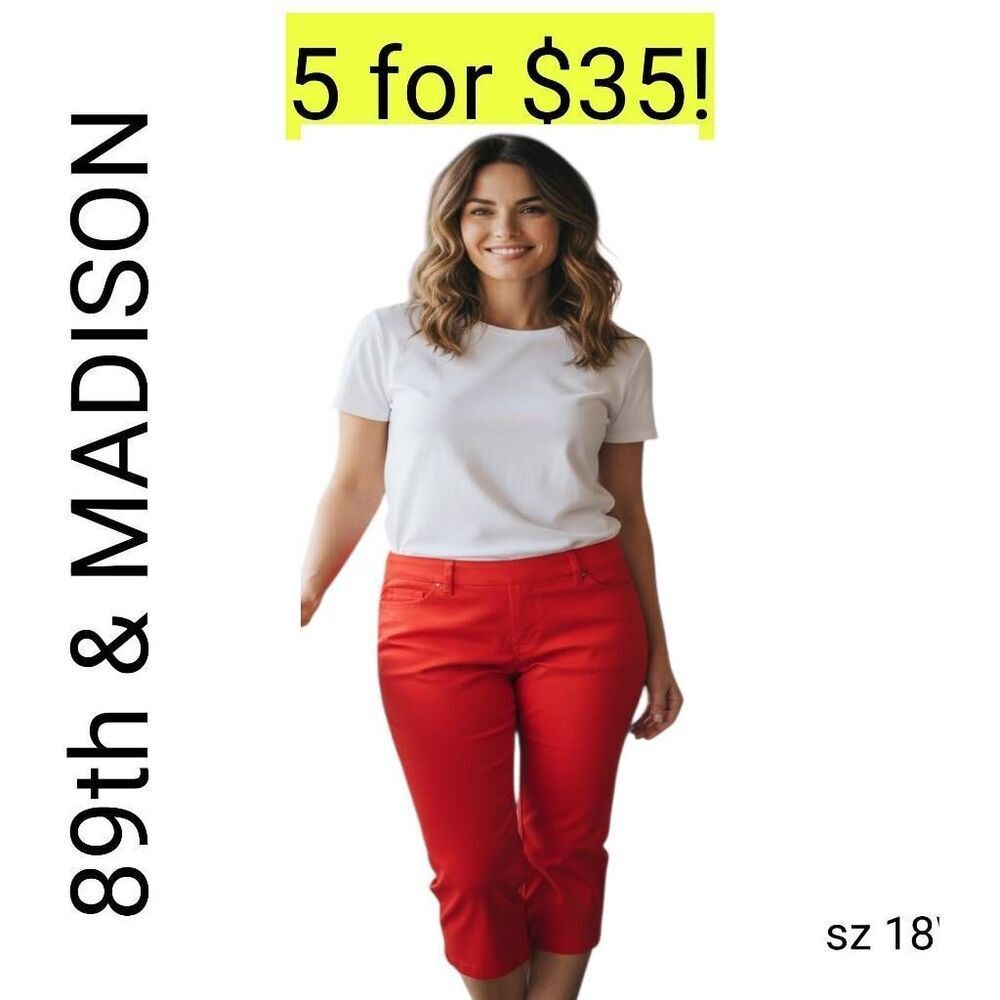 89th & Madison Bright Red Stretch Denim Cropped Capri Jeans Sale 5 for 35